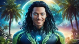 beautiful gorgeous young man na'vi with long hair, Avatar, blue skin, two small ears, green eyes, black hair, in cosmic suit, galactic ambiance, smiling, with spaceship and planets and palm trees and clear crystaline cosmic beach in background