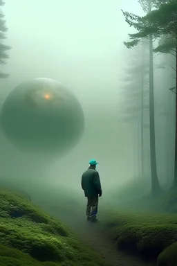 A man is standing in a forest fog, Bosch painting style , planet Earth in the background