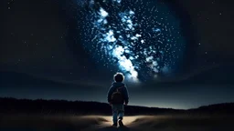 Bild von einem Jungen der unter dem Sternenhimmel spaziert. Der Junge ist schwarz schattiert man sieht nur seine Umrisse