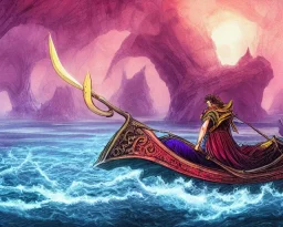 sango fantasy, fantasy magic, intricate, sharp focus, illustration, highly detailed, digital painting, concept art, matte, Greek mythology Charon ferryman, skeleton in full length cape, in boat on river styx, sharp jagged rocks, red purple blue colours, red hot lava river