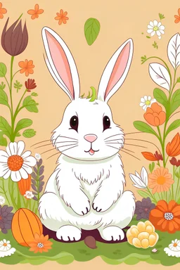 A cute bunny surrounded by flowers and carrots.