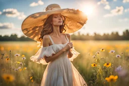 ohot from a young woman, elegantly adorned in a big summer hat and a summer dress stands in the center of a vast field. Her eyes are closed, a gentle smile playing on her lips as she feels the warm embrace of the sunshine and the tender kiss of a soft summer breeze. The meadow is a canvas of harmony with a dazzling array of wildflowers that dance and sway in the little wind. The blue sky and sunshine, high reality, detalied, photoreal, stunning