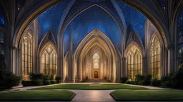 futuristic fantastic symmetrical cathedral external view in peaceful parkland, year 2080, night, stars, fireflies, beautiful, colorful, totally symmetrical design, style William Morris, English arts-and-crafts movement, innovative architecture, award-winning photograph, awesome, serene, inspiring, spiritual, impressive, Cinematic lighting, Epic composition, Photorealism, Very high detail, Unreal Engine, Octane render, HDR