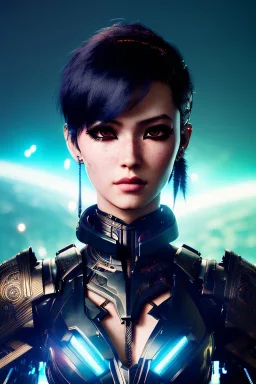 Cyborg anime warrior, waist up portrait, 8k resolution, intricate details, ornate details, soft lighting, vibrant colors, retroanime, masterpiece, intricate eyeliner, dark eyeshadow, eyes, light blue hair, intricate tattoos, jungle background,