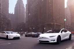 A Tesla 'Model S' is racing at top speed, near the Flatiron Building in Manhattan. (CINEMATIC, WIDE ANGLE LENS, PHOTO REAL)