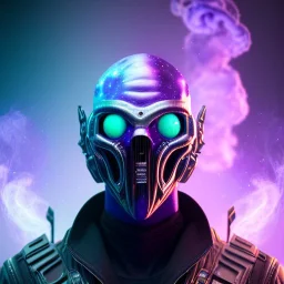 full body apocalyptic purple masked villain in galaxy, teal and purple eyes, teal and purple smoke, detailed, realistic, 4k