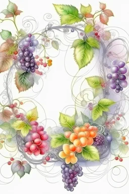 delicate transparent three-dimensional watercolor, the vine is laid in the form of a frame, inside a bouquet of flowers in the style of romanticism, realistic, filigree, high quality drawing, professional photo, 32k, iso100