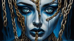 close up pale blue-white face with black shadow dark gold eyes, , void, hyper-realistic detail, floats in deep darkness, deep blue abyss, vertical shadows of five chains projected on her face, crepy stunning, surreal vibe with meticulous textures, dark shadow