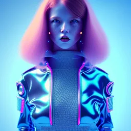 redhead woman teenager, freckles, padded coat, retro futuristic, latex dress, gradient color, BLUE, PINK, CYAN, neon, insanely detailed, 16k resolution, perfect eyes, cinematic smooth, intricate detail