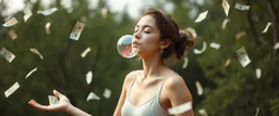 yoga mind bending bubble gum as a young woman floating transparent notes in the weirder universe