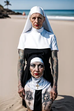 Tatooed nun on beach sweat