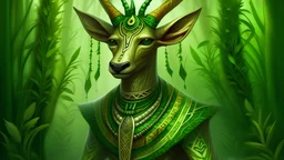 A green nature elemental deer elf designed in ancient Egyptian hieroglyphics painted by Edward Hicks