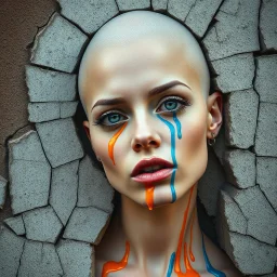 /imagine surreal portrait of a beautiful bald woman slowly sinking into a cracked urban wall, her photorealistic eyes fading into the texture. Orange and blue paint drips run down her face as parts of her body merge with the peeling plaster, dissolving into the street art background. --style raw --ar 3:4 --v 7.0 --q 2 --stylize 300 --weird 350