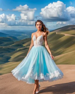 full-body closeup shot of a young, beautiful girl with a perfect face and makeup,wearing pretty dance dress standing in a stage in open air nice hills , blue sky ,pretty clouds at distant