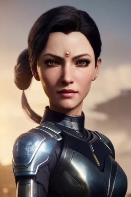 Middle age female Cyborg anime warrior, golden eyes, gray hair with dark blue hair, messy ponytail hairstyle, slight skin wrinkles, waist up portrait,4k resolution, intricate details, ornate details, soft lighting, vibrant colors, retroanime, masterpiece, intricate eyeliner, dark eyeshadow, futuristic cityscape background