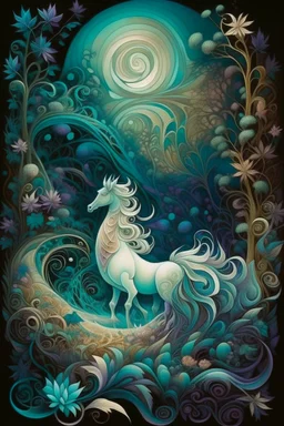 MAGIC surreal forest filled with delicate patterns and pearly glow Fantasy. Surrealism. Two wave spirals are intertwined against the background of the forest - satin emerald floral and purple - blue diamond. Delicate patterns and graceful curves fill the space. An opal Arabian steed with a magnificent mane stands in the center of the painting. Gold filigree complements the composition. A gentle glow emanates from pearls and rosehip buds, creating an atmosphere of mystery and mystery. Detailing