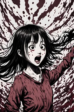 Petit woman with rare eyes, weird pose, fullbody, screaming, tears, Junji Ito style, darkred tones,