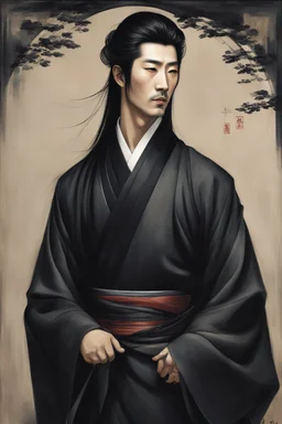 A captivating image of a hauntingly elegant Korean man, his long black hair flowing gracefully and dressed in a sleek black kimono. His head is slightly turned, exuding a mysterious grace and regal presence. This stunning portrait, possibly a painting, captivates with its exquisite attention to detail. The man's enigmatic aura is enhanced by the rich, deep hues of his attire and the graceful way he carries himself. Every element of the image speaks of elegance and mystery, inviting viewers to de