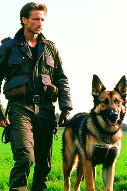 John Connor from the movie Terminator with a German Shepherd on a leash.