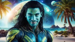 beautiful gorgeous young man na'vi with long hair, Avatar, blue skin, two small ears, green eyes, black hair, in cosmic suit, galactic ambiance, smiling, with spaceship and planets and palm trees and clear crystaline cosmic beach in background