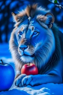 lion eat apple with snow and blue mood