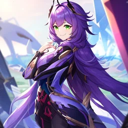 Clear focus,High resolution,High quality, Smiling, Purple long fluffy hair, Green eyes, Wearing a pink mech uniform, Honkai Impact Star Rail