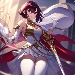 Clear focus, High resolution, Black red faded hair, low small ponytail, purple dead glowing eyes, white detailed split skirt, purple and white detailed sleeveless shirt up to neck, white gloves up to elbow, holding sword, gold necklace, white thigh high boots, zoomed out, (solo)