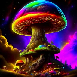 A radtastically amazeballs rainbow glowing, (((mushroom tower))) erected atop a (grassy cliff), surrounded with imaginative (((spiraling space))), contrasted by the stark hues of a (nebulous space scape), . captured by the hand a skilled master painter with a focus on (softly textured compositions and voluminous lighting).