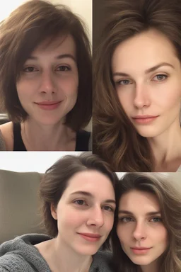 A selfie of a brunette woman, middle short hair, showing a 27-year-old European woman. She has white skin, tousled brown hair, face without makeup, big round dark brown eyes, cute profiled nose, detailed full lips, skin texture. Split screen and show the same face but 10 years older