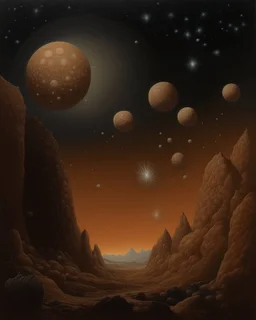 A brown outer space with giant asteroids designed in Mehndi design painted by Caspar David Friedrich