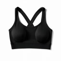 Folded Cross-back sport bra, top view, flat lay, realistic, active wear, black material, round neck, cross-back with double spaghetti straps