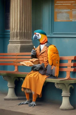 Half parrot half human in a 1700s Orange Dutch uniform siting on a bench in a Dutch city eating a baguette