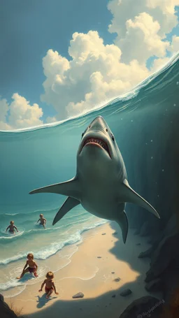 A white shark near a beach where children are swimming and playing in style painting of Bosch style