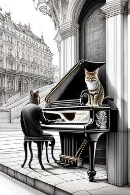 One single mature cat playing piano on the street, Vienna, friendly, model style, hyper realistic, extremely accurate, delicate, extremely detailed, Graphic novel style, wide-angle, open aperture, superfine pencil