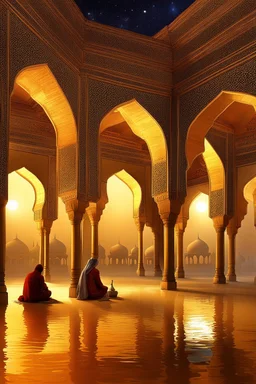 Inside a Moghul mosque in Rajastan at night, gleaming, harmonious, incandescent by artist "Igor Zenin"