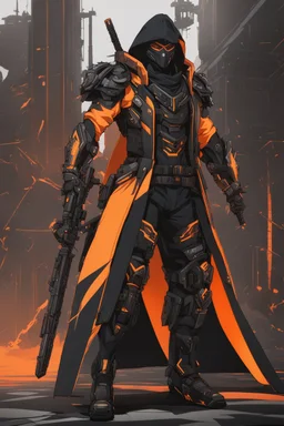 Ninja machine in solo leveling artstyle, black custom, Reaper them, neon orange details, Apiary of death , full body, apocalypse, intricate details, highly detailed, high details, detailed portrait, masterpiece,ultra detailed,best quality