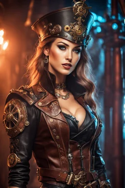 Gorgeous Photography High Details beautiful super model Russian as Rocker dressing steampunk sexy leather pirates realistic beautiful woman hyper detailed, sci-fi concept art,lights laser stage background