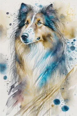 Abstract wet watercolour of a rough collie, ink lines, interlinked circles, detailed,focus on eyes, watercolour paper neg . Closed eyes