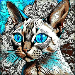 beautiful blue eyed, tall ,long legged, slender, elegant, sophisticated, sphynx-like chocolate point siamese cat expressionism pointillism style