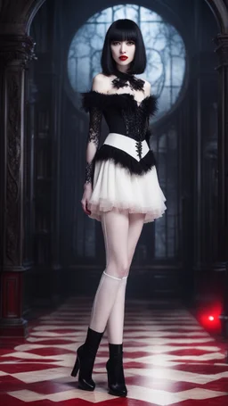 Full-body shot, of slender, pale goth woman, long legs, standing braced, straight, dark bob hair with bangs, fair skin, red lips, and white stockings and stilettos, fantasy background
