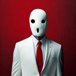 a man wearing a white suit with a red tie who has no face