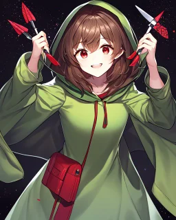 A character with short brown hair, red eyes who wears a green blouse open with its hood, holds a bright red knife, smiles madly, dark background Very dark and HQ Manga.