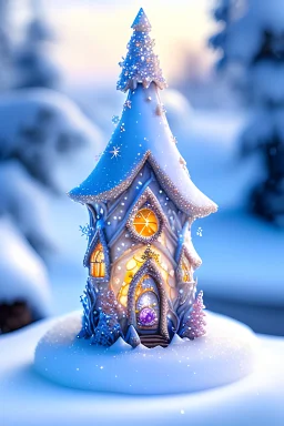 fairy house with crystal and gems as decoration in a landscape with snow amd magic background