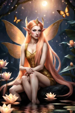 Pointed elven ears,Peach hair , light peach hair, dark,night dark gold,gold,golden,rapunzel hair,dragonflies,water lilies, night,light,,butterflies,elven ears,dark fairy ,night sky,stars,princess,nymph,sparkle,glitter,orchids