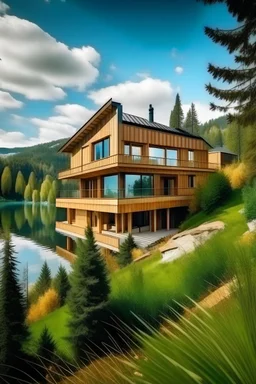 maison moderne bois à la montagne avec grand jardin donnant sur le lac à la montage et la forêt, vue spectaculaire