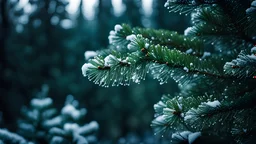 A mesmerizing close-up shot of a fir tree branch . Delicate snowflakes glisten, frozen in time, against a magical forest backdrop. The detailed evergreen branches create a vivid and beautiful natural background