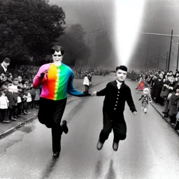 Creepy old photo of rainbow zippy monster chasing children at new year