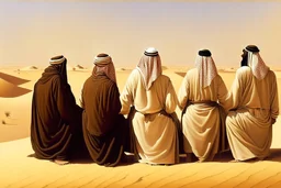 Four Arab sheikhs sitting in the desert wearing typical Arab dress, looking towards the four cardinal points. A talll fat european man in business suit wathhing them while thinking.