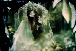 wedding, veil, flowers, blur 5%, double exposure, merged layers, in the first part (near to us) of the picture you can see a plain sandblown smoked glass, engraved with a folk art pattern, the glass is cracked in several places, in some places the glass is broken, crumpled burlap, through it you can see a tropical rainforest with a waterfall, mist, tooth, sunrise