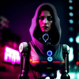 fullbody portrait,beautiful female robot, intense stare, sad eyes, post-apocalyptic in a cyberpunk city, realistic, intriacte detail, sci-fi fantasy style, volumetric lighting, particles, highly detailed ,cinamatic , deep colours,8k, by Caravaggio